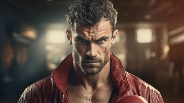 AI generated Serious male boxer with a scar in a red robe ready for a match. Concept of strength, determination, and readiness for competition in boxing. photo