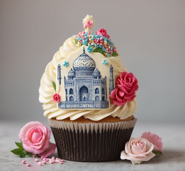 AI generated Delicious cupcake with beautiful Taj Mahal and roses on light background photo