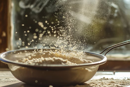 AI generated Sifting flour through sieve on wooden table. Generative AI photo