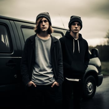 AI generated Two young men standing next to a car and looking at the camera photo