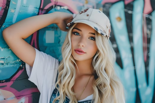 AI generated Urban Blossom Beautiful Girl's Spring Charm with Pastel Graffiti photo
