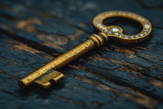 AI generated An old designer key with a lock decoration lies on a wooden background photo