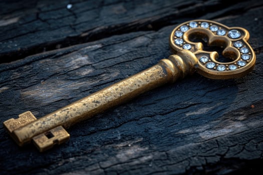 AI generated An old designer key with a lock decoration lies on a wooden background photo