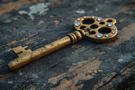 AI generated An old designer key with a lock decoration lies on a wooden background photo