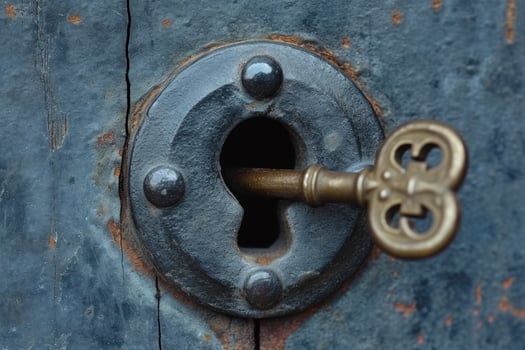 AI generated An old designer key with a lock decoration lies on a wooden background photo