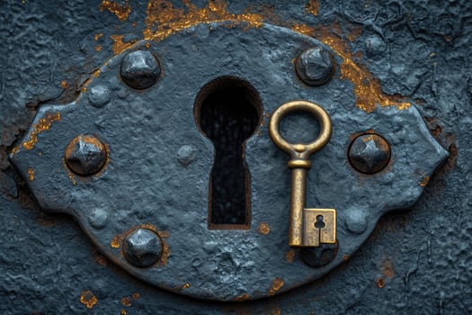 AI generated An old designer key with a lock decoration lies on a wooden background photo