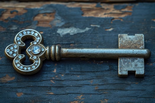 AI generated An old designer key with a lock decoration lies on a wooden background photo