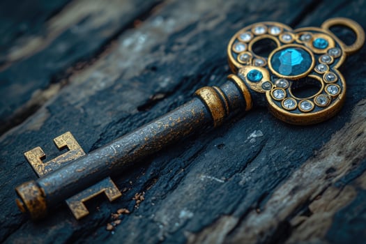 AI generated An old designer key with a lock decoration lies on a wooden background photo