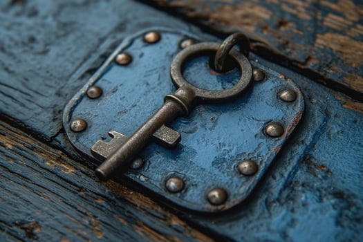 AI generated An old designer key with a lock decoration lies on a wooden background photo