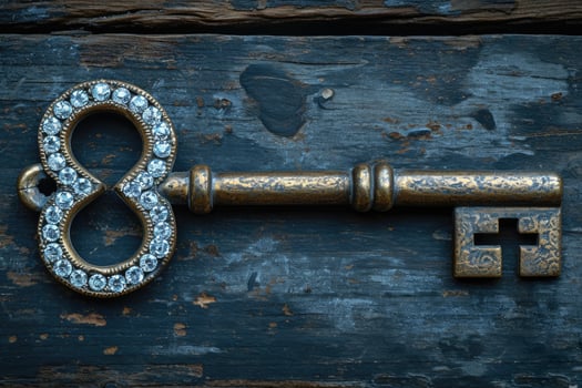 AI generated An old designer key with a lock decoration lies on a wooden background photo