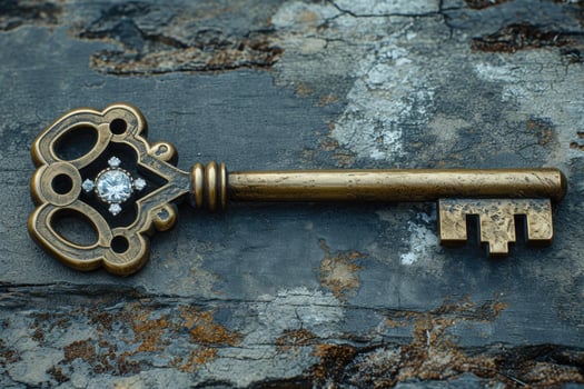 AI generated An old designer key with a lock decoration lies on a wooden background photo