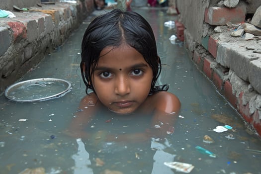 AI generated Poor Indian children bathe in the sewage water drain in the village photo