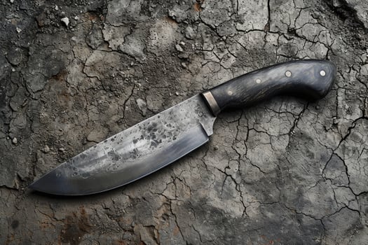 AI generated One Stylish Damascus steel kitchen knife on a wooden board photo