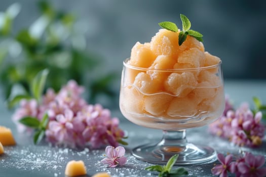 AI generated Mango sorbet in a glass on the table . Popsicle in a glass photo