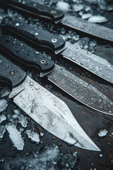 AI generated Knives made of Damascus steel on a wooden board photo