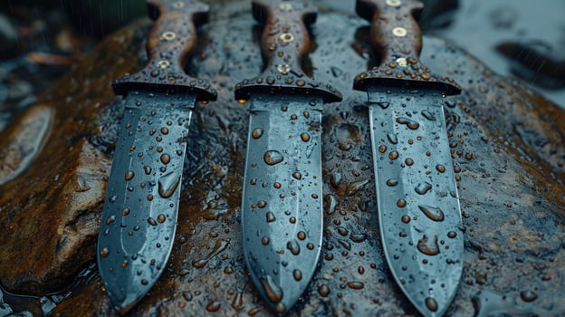 AI generated Black Damascus steel Knives on a wooden board in the rain photo