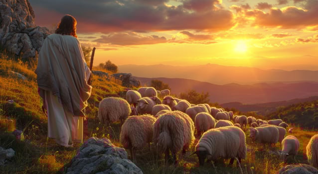 AI generated jesus looking at his sheep on sunset photo