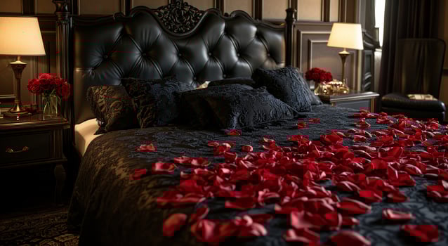 AI generated love in the morning hotel hotel black petals on the bed photo