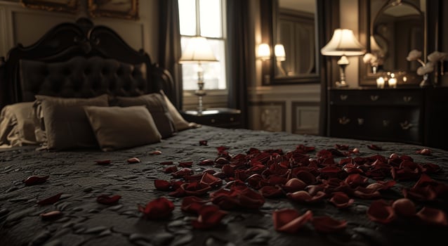 AI generated love in the morning hotel hotel black petals on the bed photo