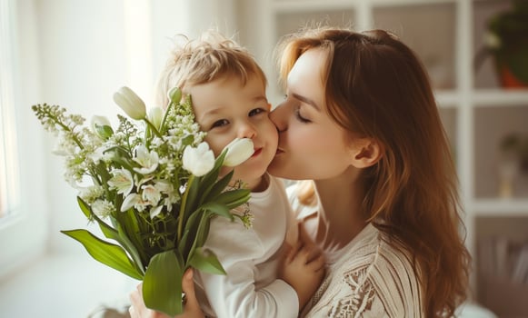 AI generated mother kisses son at home holding flowers for mothers day, photo