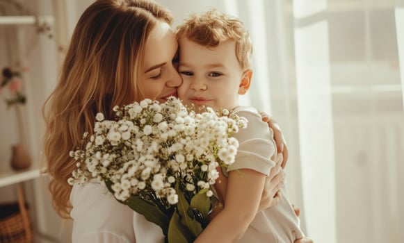 AI generated mother kisses son at home holding flowers for mothers day photo