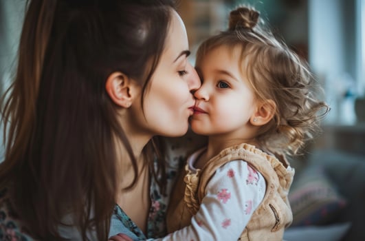 AI generated mother kisses son at home holding flowers for mothers day photo