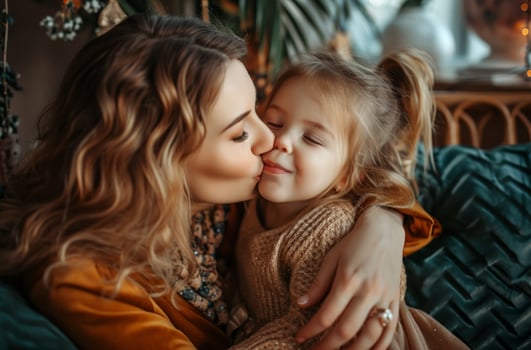 AI generated mother kisses son at home holding flowers for mothers day photo