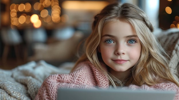 AI generated nice 11-years old girl with laptop in the room photo