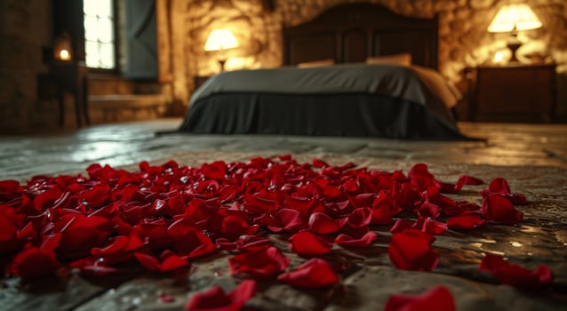AI generated rose petals in bed on honeymoon photo