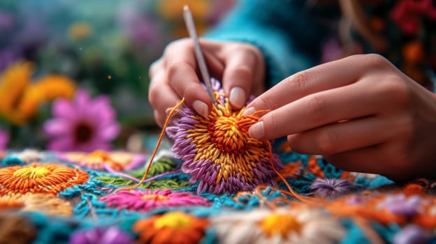 AI generated woman embroiders a flower with multi-colored threads photo