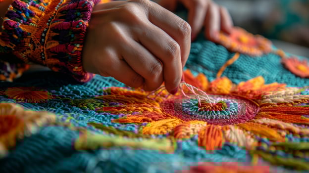 AI generated woman embroiders a flower with multi-colored threads photo