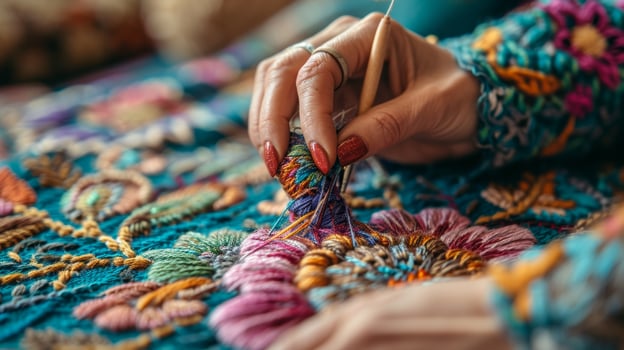 AI generated woman embroiders a flower with multi-colored threads photo