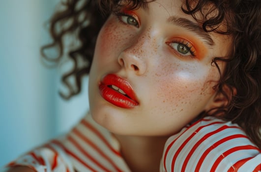 AI generated woman in red and white stripes pose with lipstick on her lips photo