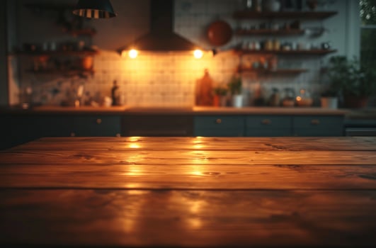 AI generated wooden table in kitchen close up with lights photo