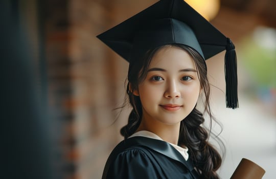 AI generated young female student wearing black cap and gown holding diploma photo