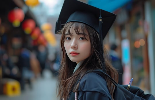 AI generated young female student wearing black cap and gown holding diploma photo