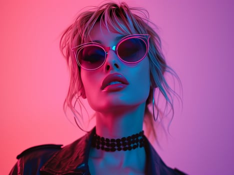 AI generated a young woman in sunglasses and neon light sunglasses photo