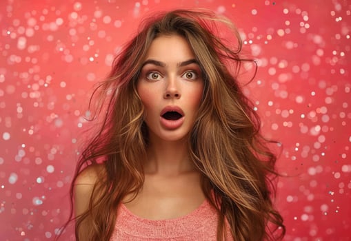 AI generated a young woman is surprised by her long hair behind a red background photo
