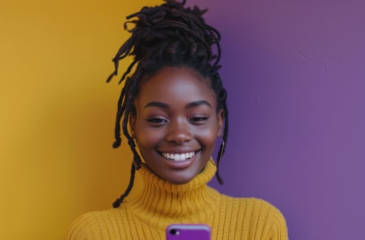 AI generated black woman using cell phone and smiling in background against purple photo