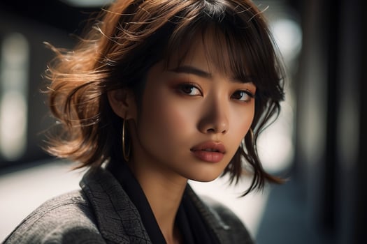 AI generated Stunning beautiful young Asian woman with high contrast shadow and fashionable style. Pro Photo