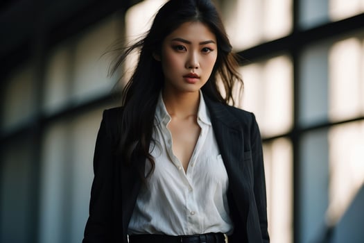 AI generated Stunning beautiful young Asian woman with high contrast shadow and fashionable style. Pro Photo