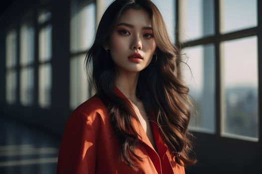 AI generated Stunning beautiful young Asian woman with high contrast shadow and fashionable style. Pro Photo