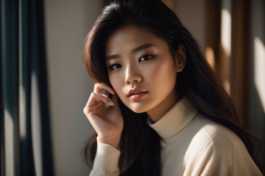AI generated Stunning beautiful young Asian woman with high contrast shadow and fashionable style. Pro Photo