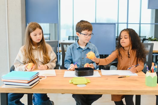 Education is power when selecting food for health. Happy kids take snack break. Nutrition and health education. Healthy eating. Formal education. Private teaching. Education and study photo