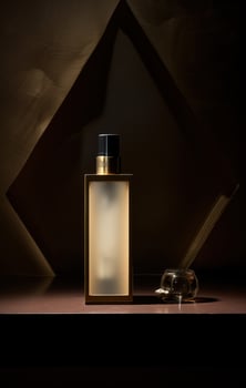 AI generated a bottle of skin moisturizer sitting by a lamp in a dark space. photo