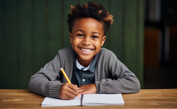 AI generated a small black boy working on his laptop computer at a desk with a smile photo