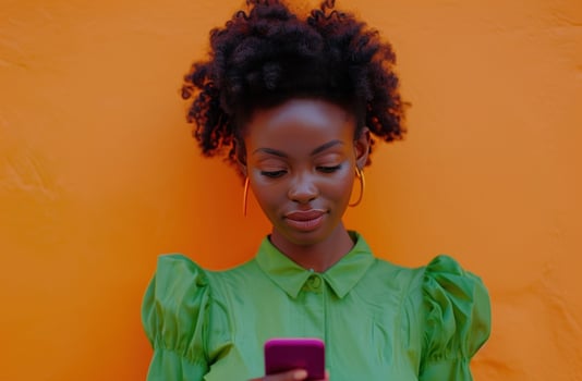 AI generated a woman in a green blouse looking at her phone simplicity,. photo