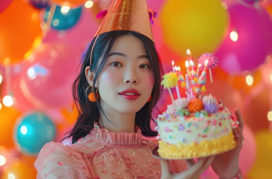 AI generated an asian woman holding a cake and wearing a birthday hat. photo