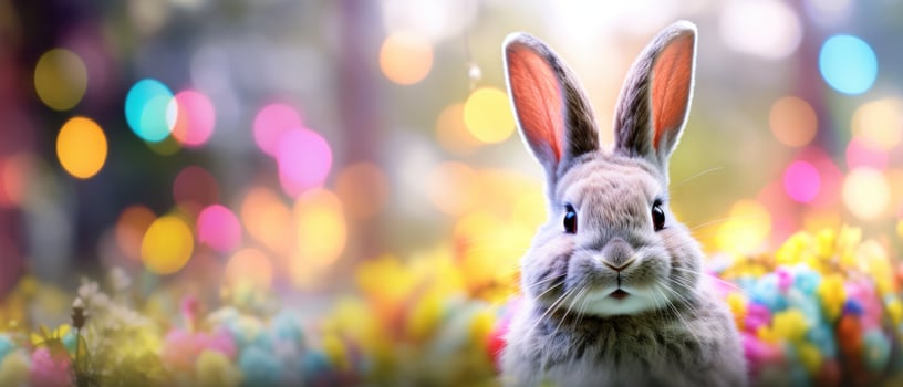 AI generated an easter bunny is wearing colorful ears in a park. photo