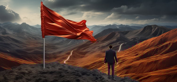 AI generated businessman walking along a mountain top with a flag on his back. photo